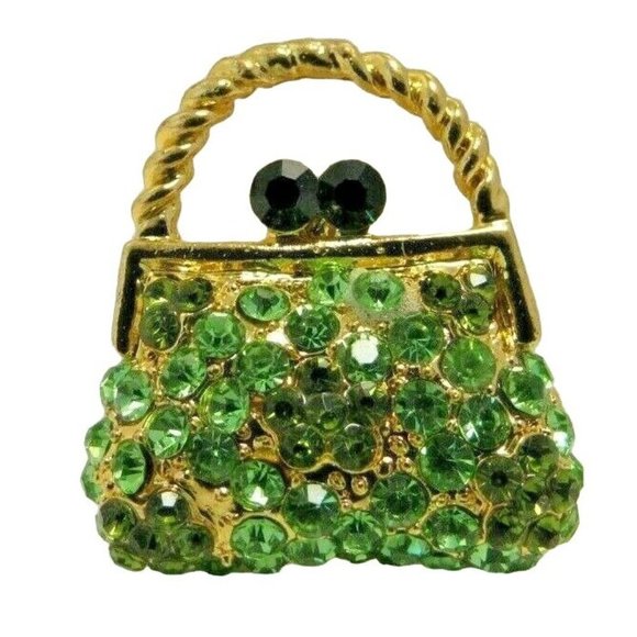 Rhinestone Encrusted Purse Handbag Pin Brooch Daisy Floral Design Goldtone - Picture 5 of 5